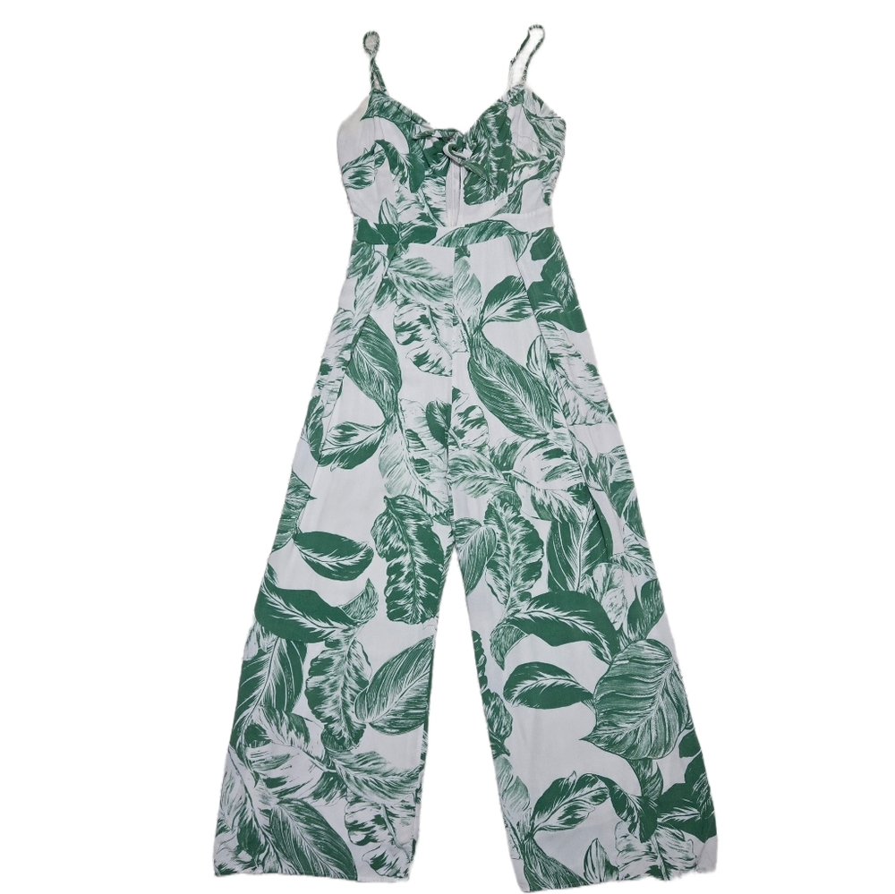 INA Tropical Print Jumpsuit Green Palm Leaf Tie Front Wide Leg Size Medium